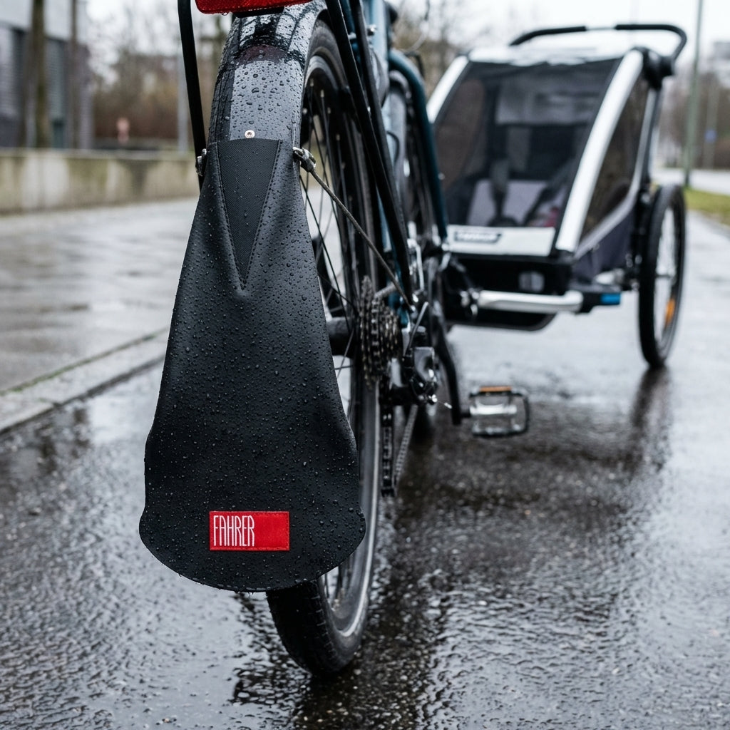 Fahrer Spritzlappen Latz XL schwarz am Rad, schützt Fahrrad und Anhänger bei Nässe.