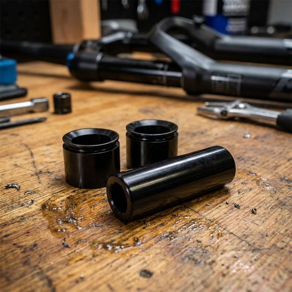 RockShox Dämpferbuchsen 3-teilig 1/2" 8x41.5 auf Werkbank für Fahrradwartung.