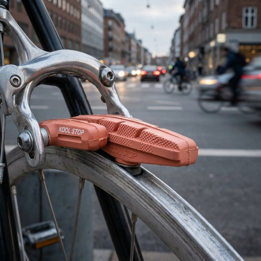 Kool-Stop V-Brake City Bremsschuh lachsfarben am Fahrrad in der Stadt.