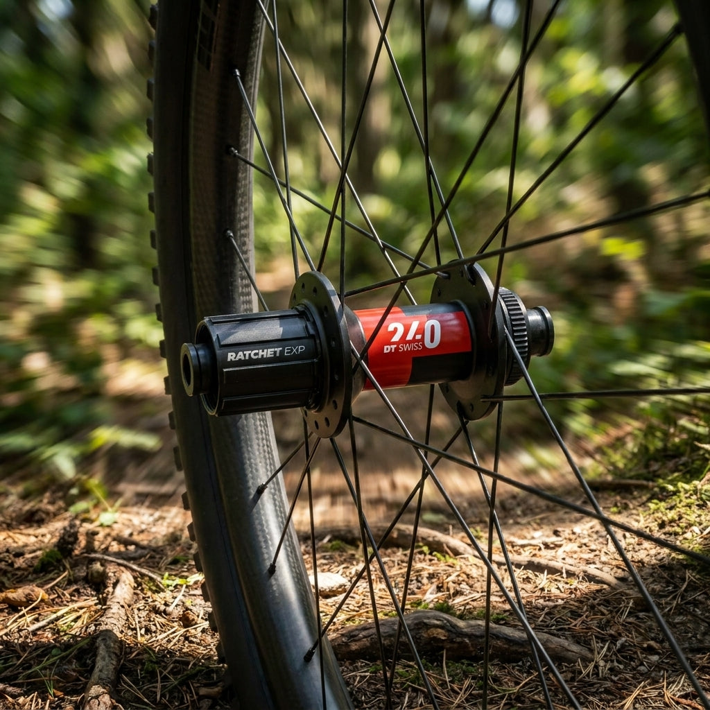 DT Swiss MTB HR 240 EXP Nabe, schwarz-rot. Leichte, steife Boost-Performance-Hinterradnabe am Mountainbike im Wald.