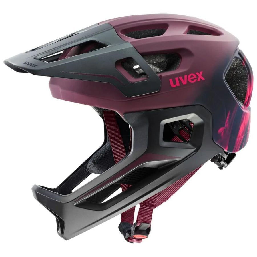 UVEX react jr. Fullface Kinder MTB Fahrradhelm cranberry matt 52-56 Zentimeter Inmould Konstruktion abnehmbarer Kinnbügel Monomatic Verschluss Trail Downhill Helm