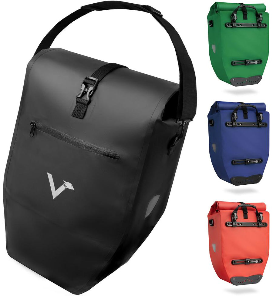 Valkental Gepäckträgertasche ValkBasic schwarz 28L mit Schultergurt und Farbauswahl in Grün, Blau und Rot.