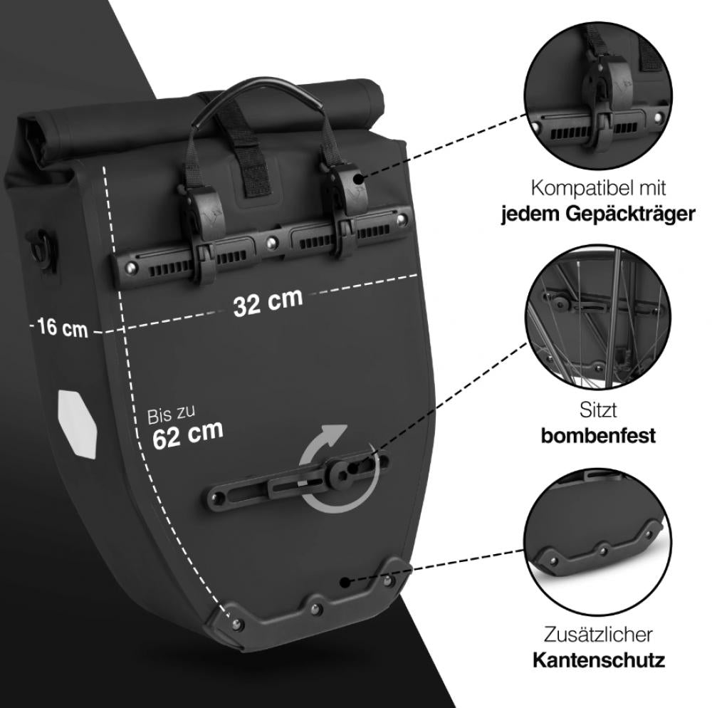 Valkental Gepäckträgertasche ValkBasic schwarz 28L mit Maßen, Befestigungssystem und Kantenschutz-Details.