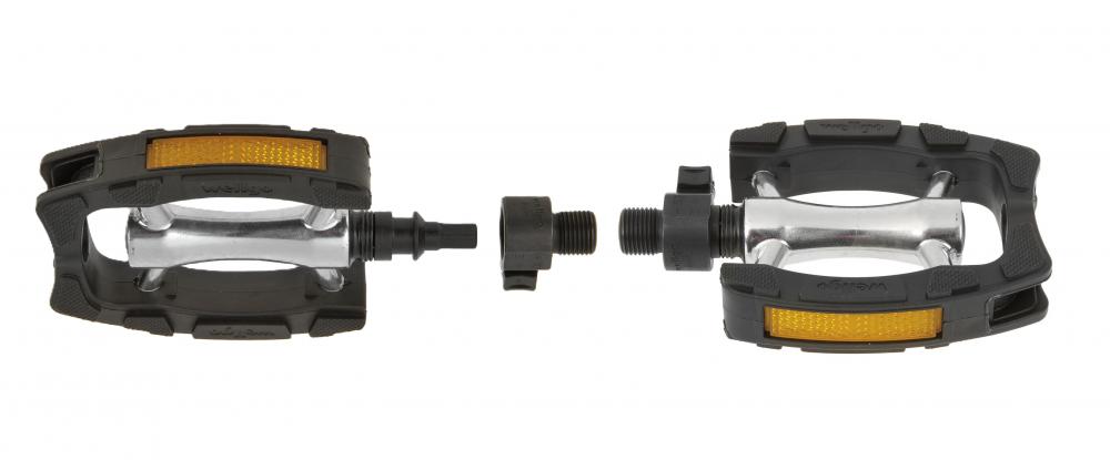 Wellgo Clip-On Anti-Rutschpedal 80 × 93 mm, Aluminium-Körper mit CrMo-Achse, schwarzer Kunststoff-Käfig, StVZO-Reflektoren, sekundenschnell abnehmbar QR-System, 1 Paar