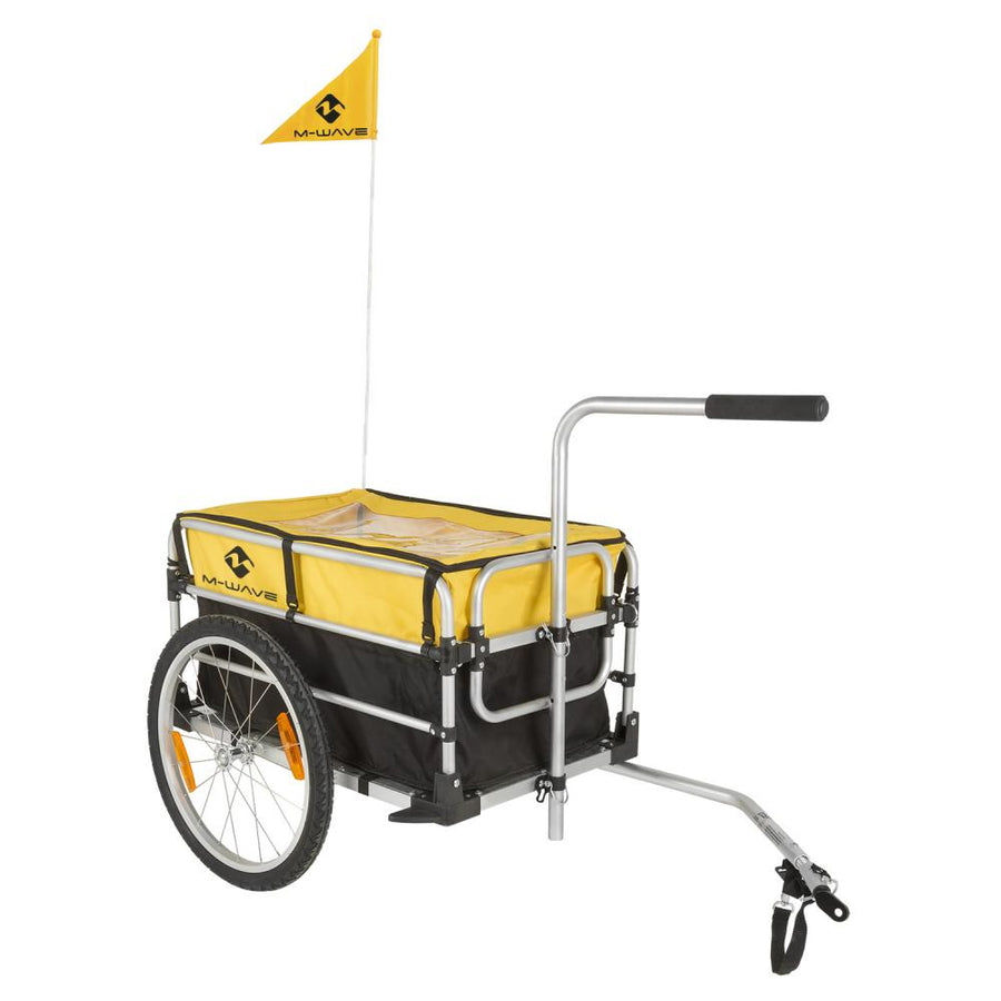M-WAVE Stalwart Carry Fold 1: Faltbarer Gepäck-Fahrradanhänger aus Aluminium mit 90L Tasche und 20 Zoll Rädern in Gelb.