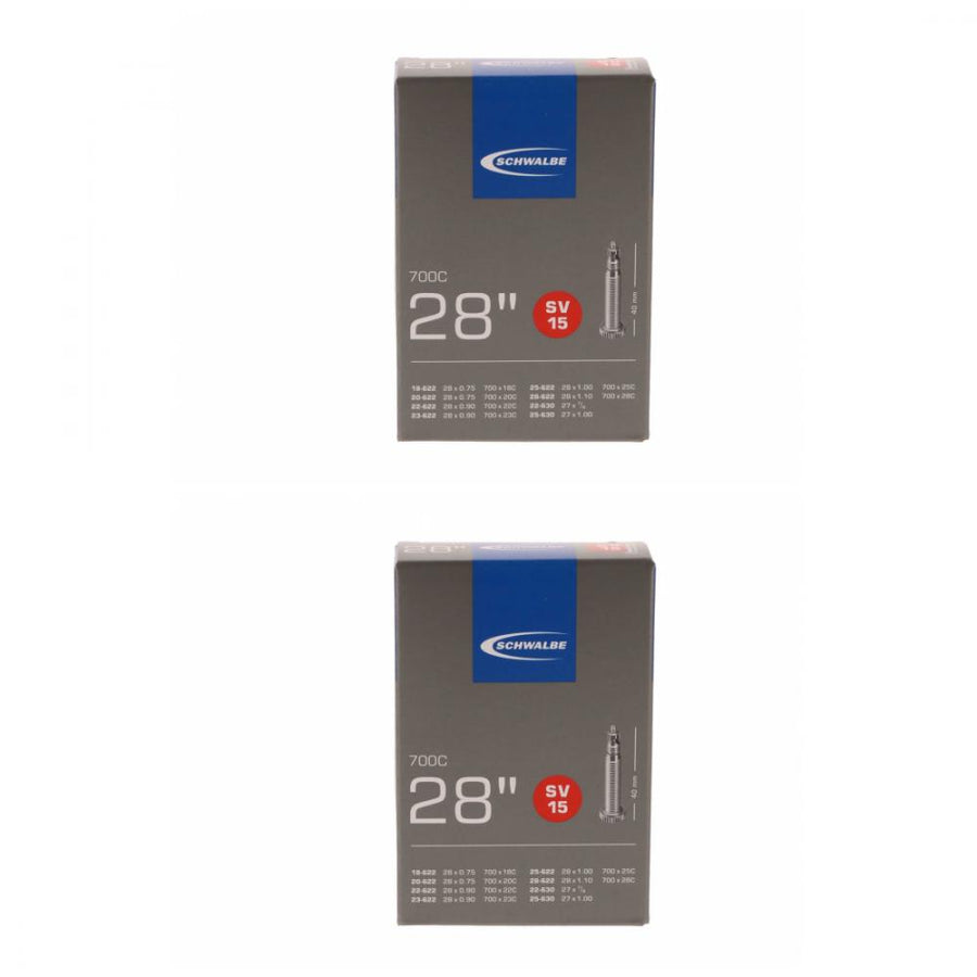 Zwei Schwalbe SV15 Schläuche für 28 Zoll / 700C Fahrräder, passend für Reifenbreiten 0.75-1.10 Zoll.