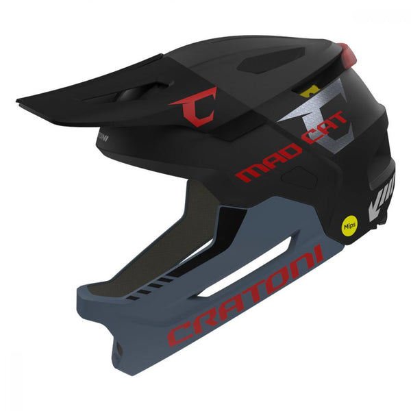 CRATONI MadCat MIPS Kinder-Fullface-Helm gunmetal-red matt, S-M (49-56 cm), MIPS, abnehmbarer Kinnbügel, 15 Belüftungen, USB-C Rücklicht