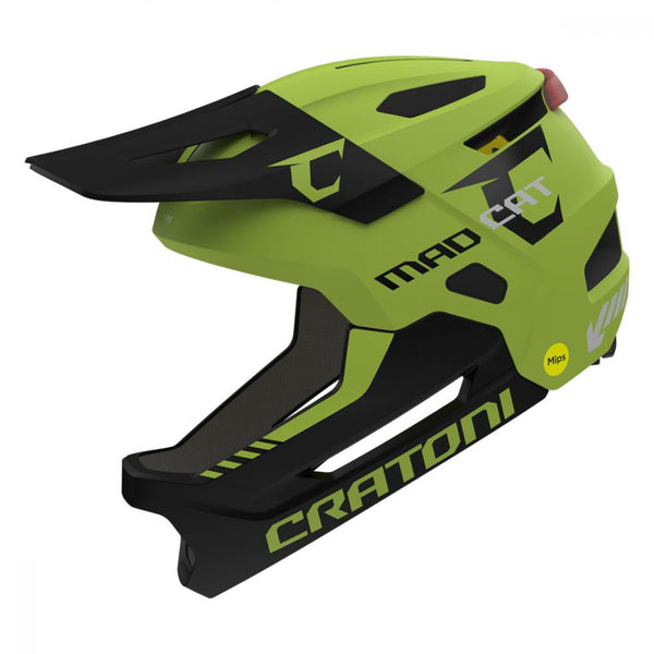 CRATONI MadCat MIPS Kinder-Fullface-Helm, Größe S-M, 49-56 cm, lime-black matt | MIPS, abnehmbarer Kinnbügel, USB-Rücklicht, 15 Belüftungen