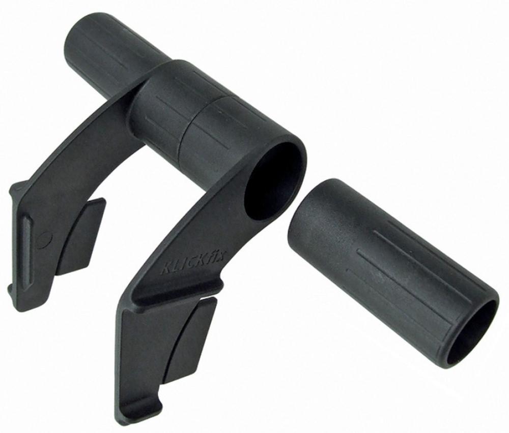 Schwarzer KLICKfix Multi Clip Plus Zubehörhalter für Lenkeradapter, in Einzelteilen gezeigt.