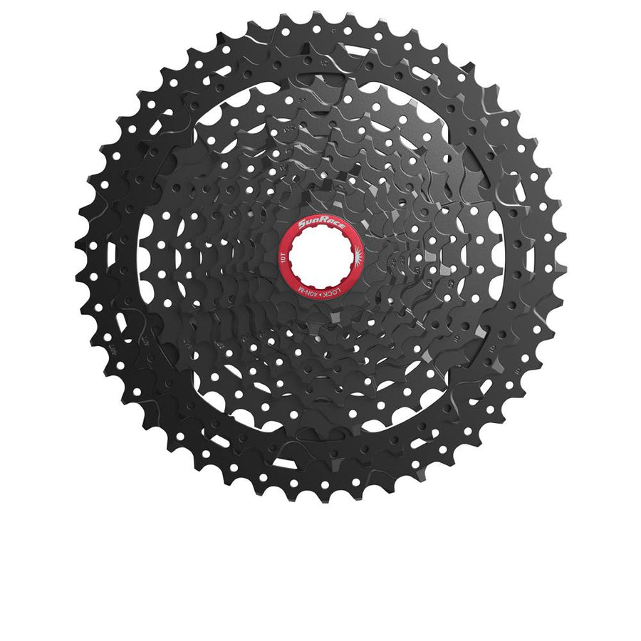 SunRace CSMX9X 11-fach Kassette 10-42 Zähne MTB Sram XD, schwarz mit rotem Lockring.