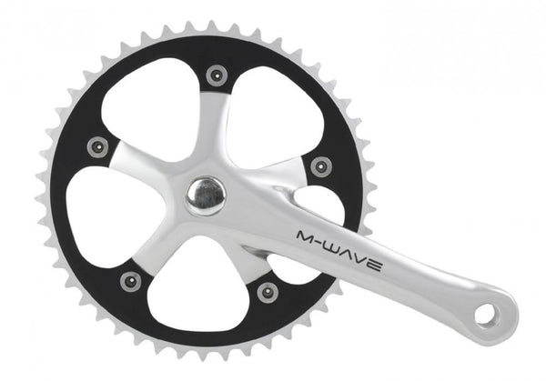 M-WAVE Kurbelgarnitur für Single Speed Alu poliert 165mm schwarzes Kettenblatt 1/2"x1/8" 46Zähne