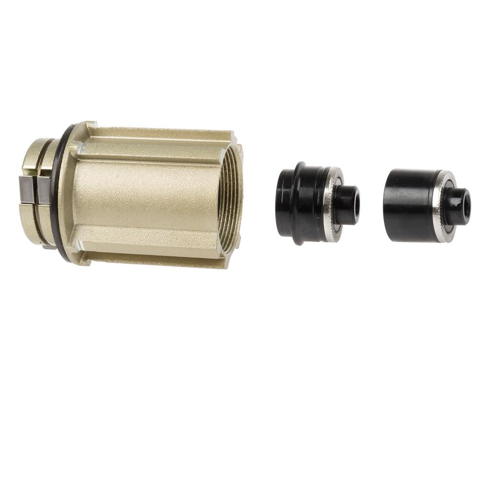 Novatec Fahrrad Freilaufkörper Campagnolo Typ B1 9-11-fach, goldfarben, mit Endkappen, auf weißem Grund.