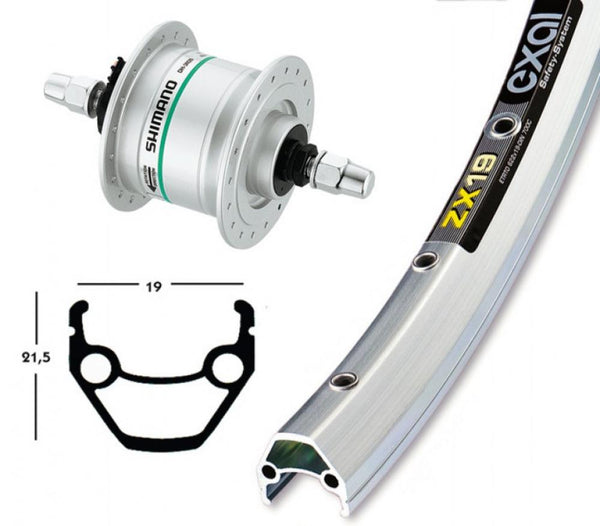 Bike-Parts Laufrad|Vorderrad 26x1.75 Nabendynamo DH-C3003 silber Festachse 36-Loch Exal ZX 19 silber