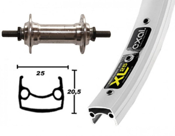 Bike-Parts Laufrad Vorderrad 26x1.9 Alunabe silber Festachse 36-Loch Exal XL 25 mit Ösen silber Niro