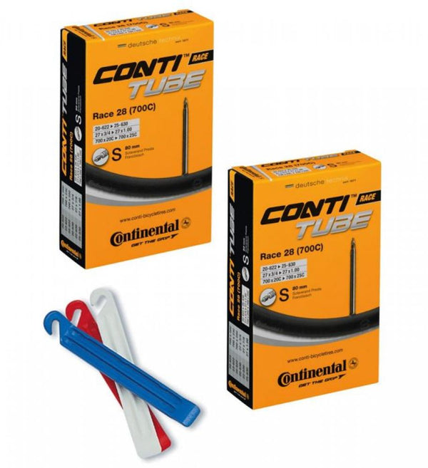 Continental 2x Conti Schlauch Race 28 Zoll 700x20/25C 18/25-622/630 SV 80mm 1x Zefal Reifenheber DP 20 3er blau weiß rot