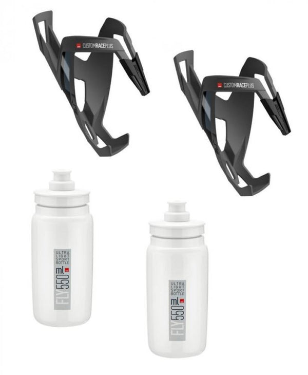 2x Elite Flaschenhalter CustomRacePlus Skin schwarz soft touch 2x Elite Flasche Fly weiß graues Logo 550ml Durchmesser 74 mm