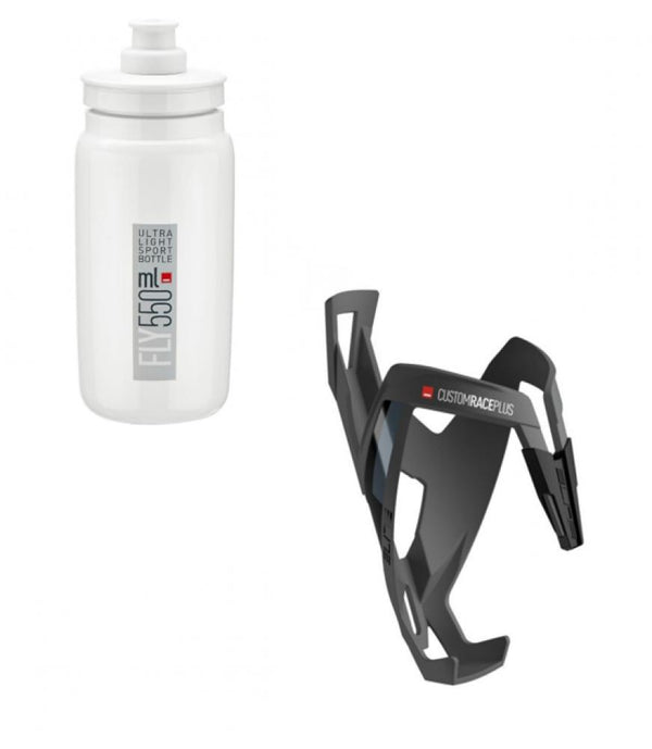 1x Elite Trinkflaschenhalter CustomRacePlus Skin schwarz soft touch inkl. 1x Elite Trinkflasche Fly weiß graues Logo 550ml
