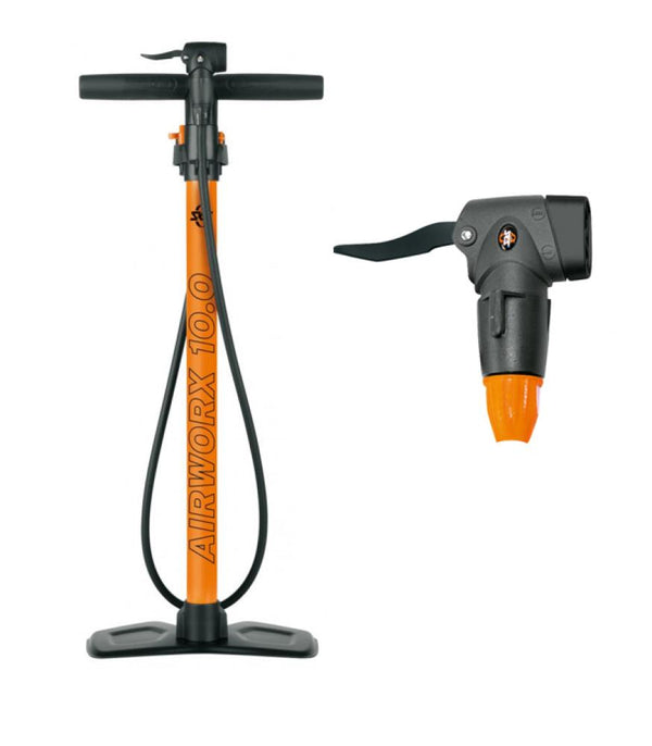 1x SKS Standpumpe Airworx 10.0 Multi Valve orange inkl. 1x SKS Ventilkopf Multivalve Pumpenkopf EVA Ersatz