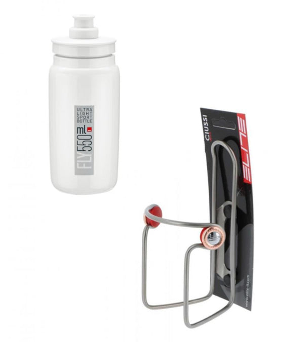 1x Elite Trinkflaschenhalter CIUSSI INOX silber inkl. 1x Elite Trinkflasche Fly weiß graues Logo