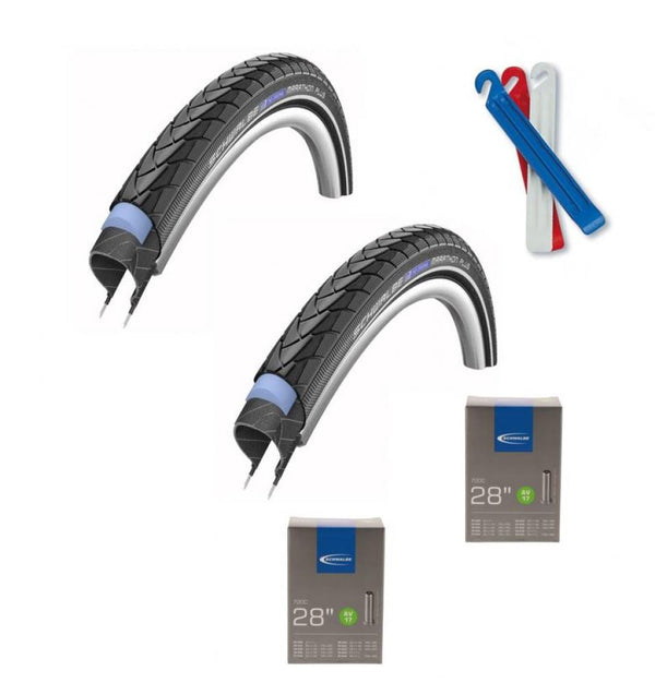 Schwalbe 2x Drahtreifen Marathon Plus 28x1.50 Zoll 40-622 Reflex E-50 2xSchwalbe Schlauch AV17 1xZefal Reifenheber DP 20 3x blau/weiß/rot