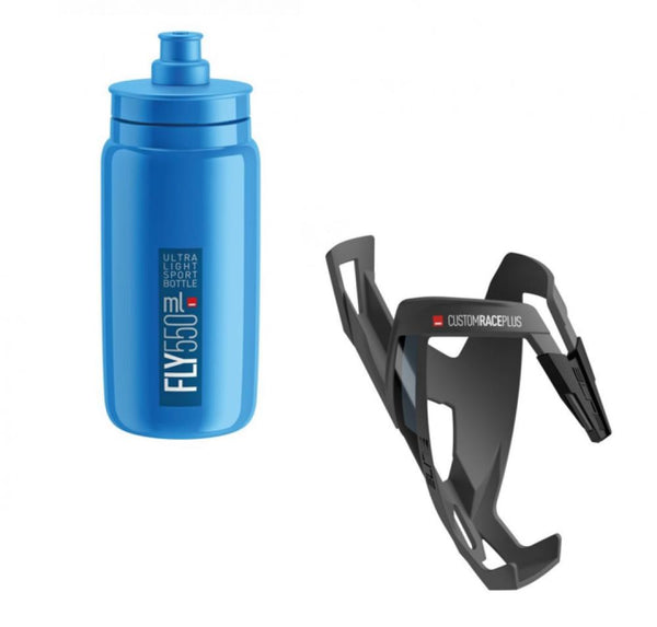 Elite 1x Trinkflasche Fly 550ml blau/blau inkl. 1x Elite Trinkflaschenhalter CustomRacePlus Skin schwarz soft touch