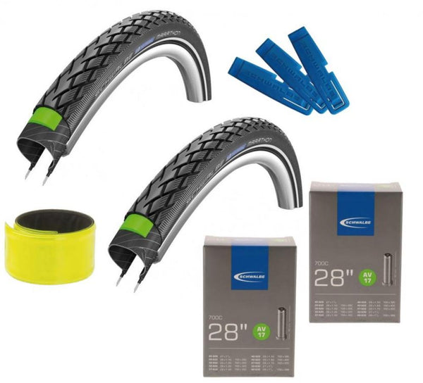 Schwalbe 2x MARATHON 28x1.50 + 2x AV17 Schlauch + Reifenheber + Reflexband