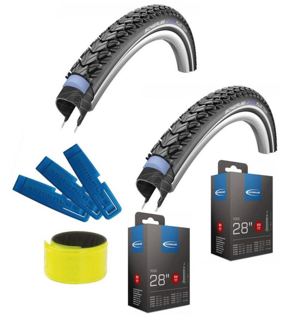 2x Schwalbe Drahtreifen MARATHON PLUS TOUR 28x1.40+ 2x SV17 + 1x Reifenheber + 1x Reflexband