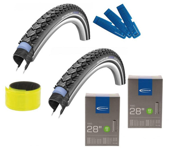 Schwalbe 2x MARATHON PLUS TOUR 28x1.40 + 2x Schlauch AV17 + Reifenheber + Reflexband