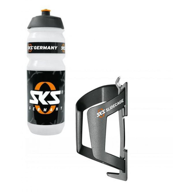 SKS 1x Flaschenhalter Slidecage inkl. 1x SKS Trinkflasche Large Kunststoff 750ml transp. mit Logo