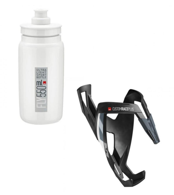 1x Elite Trinkflaschenhalter CustomRacePlus mattschwarz/weiß inkl. 1x Elite Trinkflasche, FLY weiß g