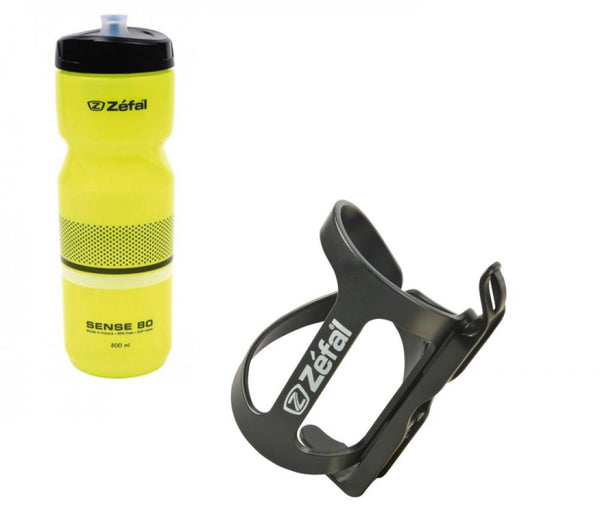 Zefal 1x Trinfklaschenhalter WIIZ schwarz mit 1x Zefal Trinkflasche Sense M80 neon gelb schwarz weiß 800ml