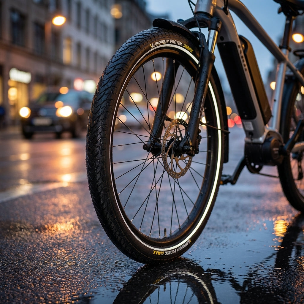 Michelin Protek Max 26 Zoll Fahrradreifen mit 5mm Pannenschutz und Reflexstreifen für E-Bikes auf nassem Asphalt.