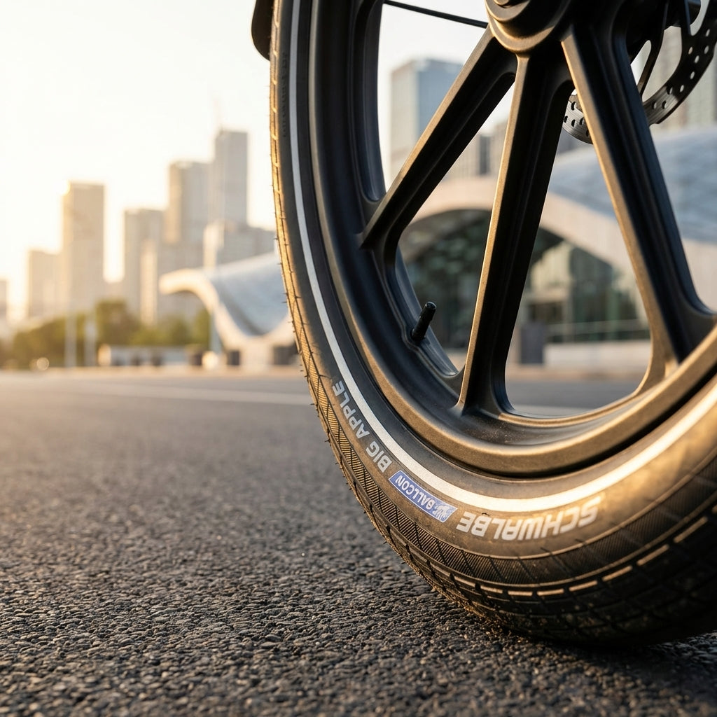 Schwalbe BIG APPLE E-25 Reifen 28x2.35 auf Asphalt mit Stadtkulisse im Hintergrund.