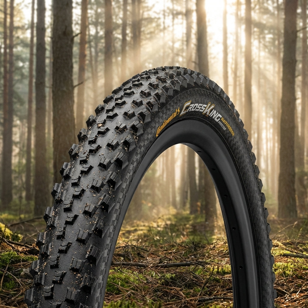 Continental Conti Cross King II Performance Faltreifen 29x2.30 schwarz mit grobem Profil auf Felge im Wald.