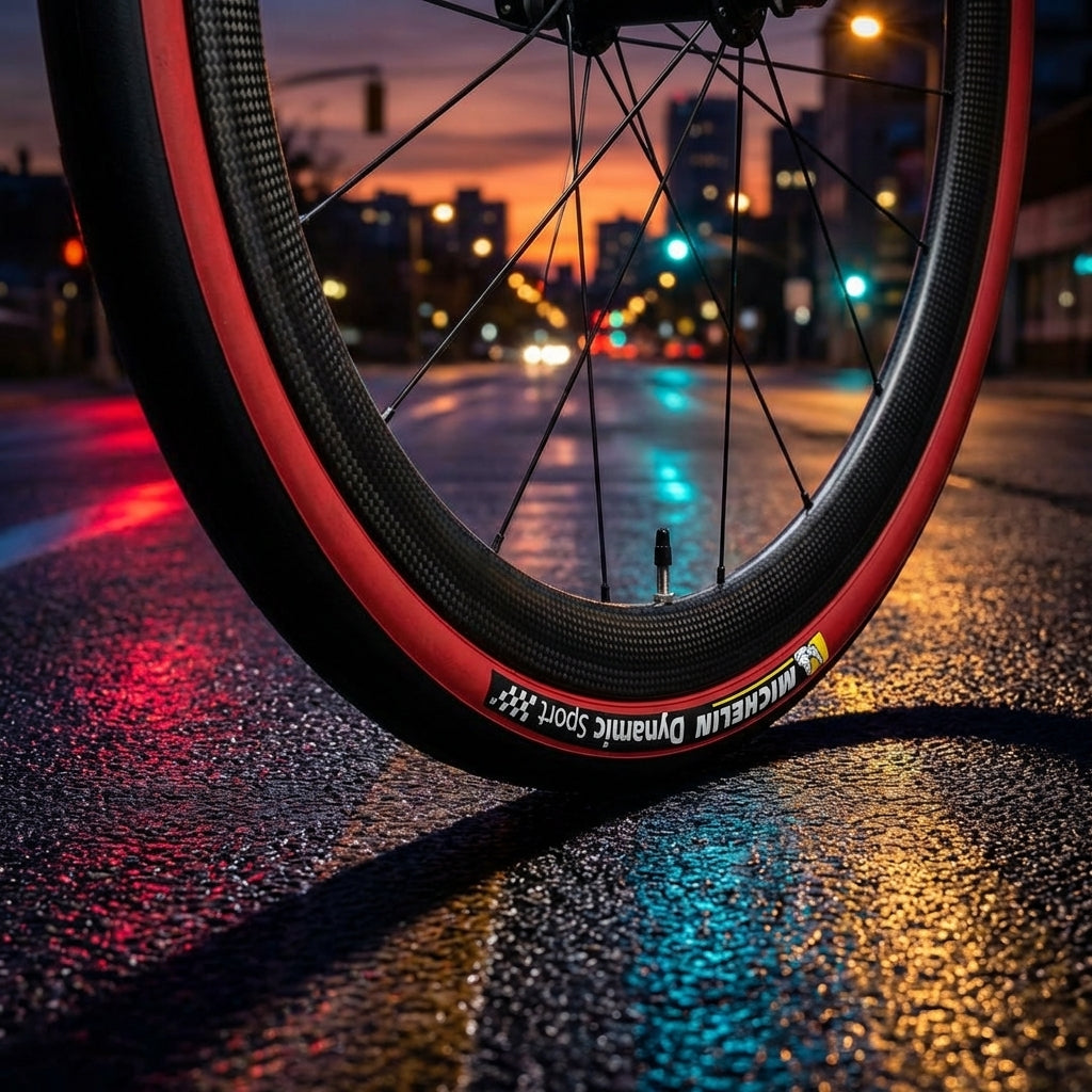 Michelin Reifen Dynamic Sport 28x0.90 Zoll 23-622 schwarz/rot Drahtreifen montiert auf Felge auf nasser Straße.