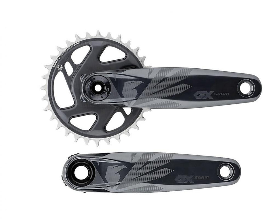SRAM GX Eagle Boost DUB Kurbelgarnitur 12-fach MTB. Dunkle Kurbelarme mit Eagle Logo, silbernes Kettenblatt.