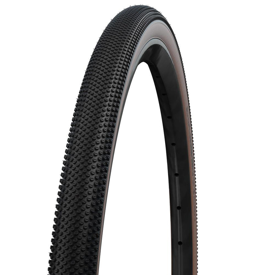 Schwalbe G-One Allround Fahrradreifen 40-622, schwarz/braun, faltbar, auf weißem Hintergrund.