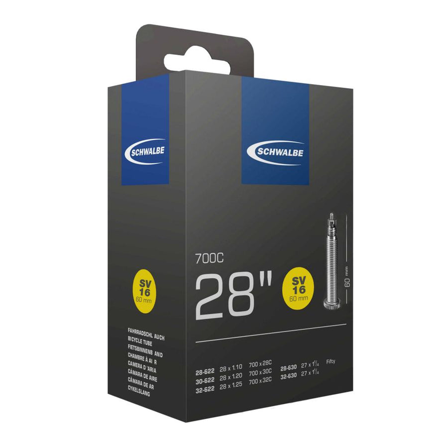 Schwalbe Fahrradschlauch SV 16 für 28 Zoll Reifen mit 60 mm Sclaverand-Ventil in der Originalverpackung.