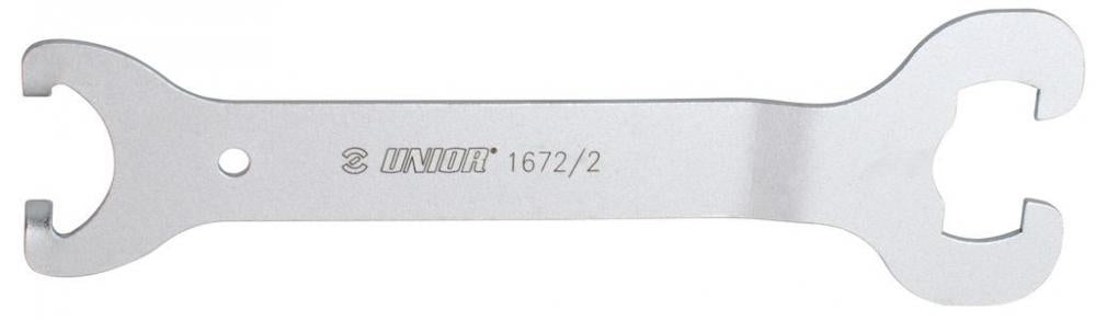 Unior 1672-2 Patronenlagerschlüssel 27.3-31mm. Silbernes Fahrradwerkzeug mit zwei Maulschlüsseln auf weißem Hintergrund.