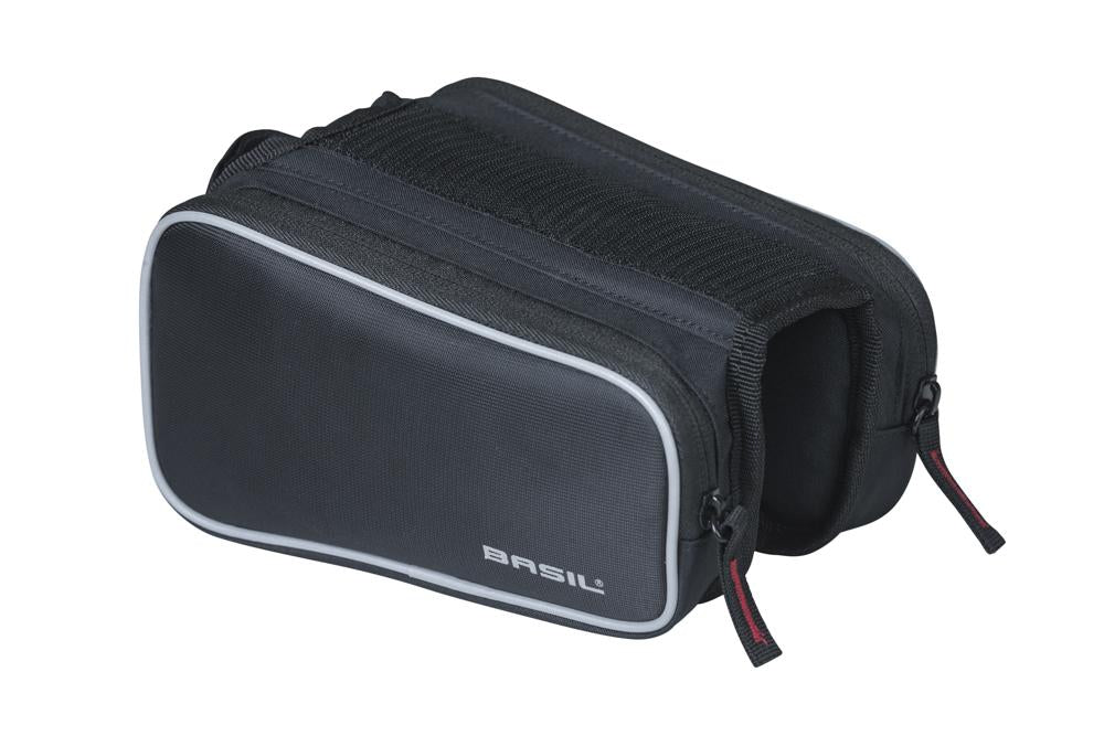 Basil Sport Design Oberrohr-Rahmentasche doppelt - 1,5 Liter, wasserabweisend, Klettbefestigung, Smartphonefach, schwarz