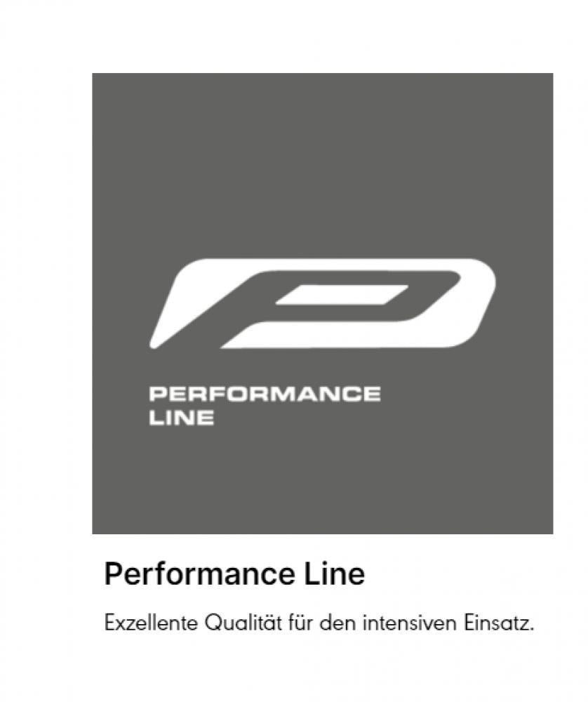 Schwalbe Marathon Racer Performance Line Reifen Logo mit stilisiertem P auf grauem Hintergrund.