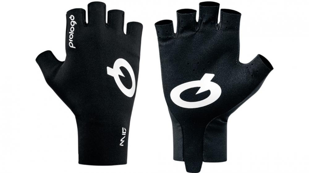 Prologo Mig Kurzfingerhandschuhe schwarz. Zwei Radhandschuhe mit weißem Logo auf weißem Hintergrund.