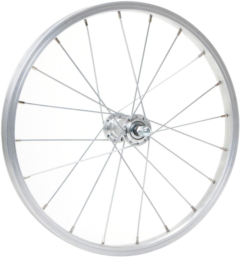 CONTEC Vorderrad "Alu Sport + Quando KT-A16F"nFelge: SCHÜRMANN Alu-Kasten "Alu Sport", 18", 19-355, Höhe: 14 mm, 20 Loch, AV/DV Ventil, mit silberner Bremsflanke, keine Ösen, silber (0.349.046/3)nNabe: QUANDO Vorderradnabe "KT-A16F", 20 Loch, Vollachse, 1