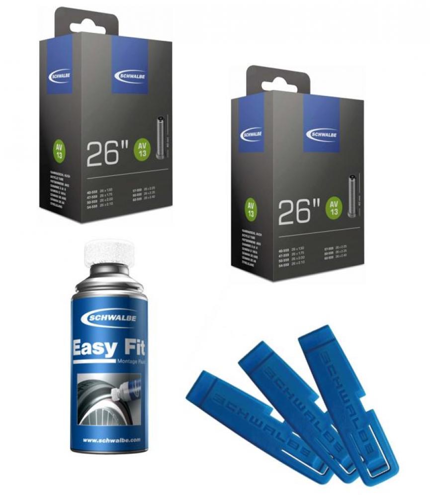 Schwalbe 2x Schlauch AV13 26x1.50-2.40" AV 40mm 1xReifenheber 3Stk. 1xEasy Fit 50ml