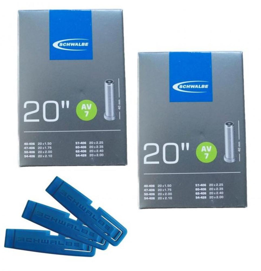Schwalbe Fahrradschlauch Set 2x AV7 20 Zoll für 20x1.50-2.50 Reifen mit 3 blauen Reifenhebern.