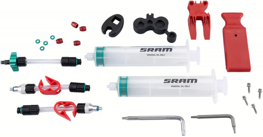 SRAM Entlüftungskit Standard für Mineralölbremsen (DB8/Maven): Spritzen, Schläuche, Adapter, Werkzeuge und Kleinteile.