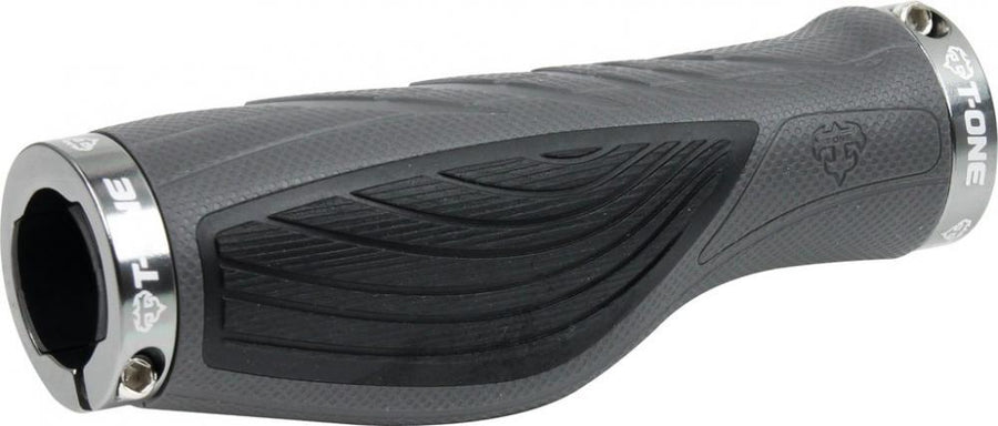 T-One Ez ergonomische Fahrradgriffe, schwarz, mit doppelter Schraubklemmung.