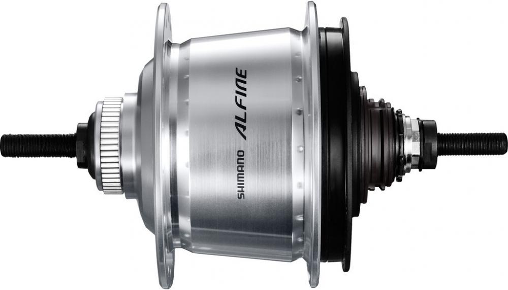 Silberne SHIMANO ALFINE SG-S7001-8 Getriebenabe mit 36 Loch für Fahrräder.