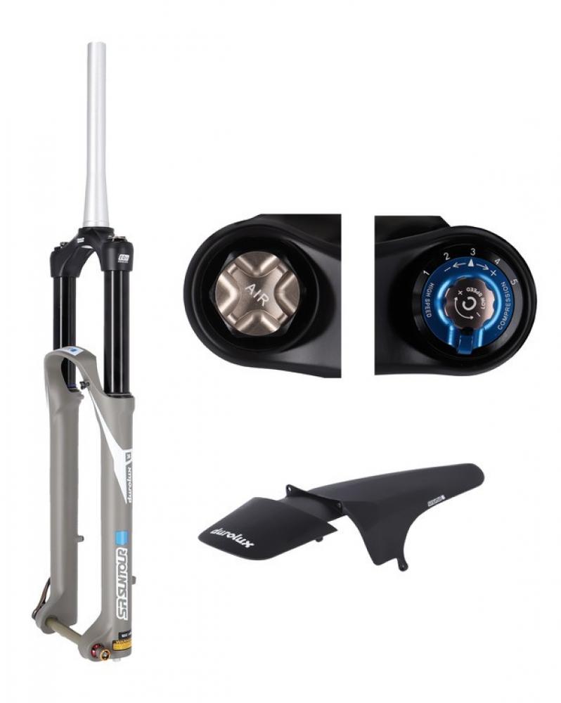 SR Suntour Federgabel Durolux 36 EQ Boost R2C2 29 Zoll grau, Detailansicht Einstellknöpfe und Schutzblech.