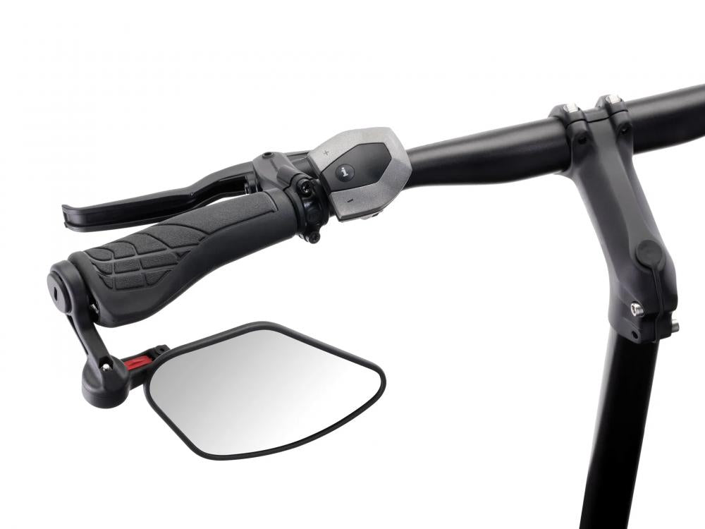 Schwarzer Krampe Fahrradspiegel KF Sport am Lenker eines E-Bikes mit Griff und Bremshebel.